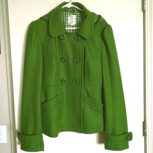 Tulle Green Wool Hooded Pea Coat Size XL